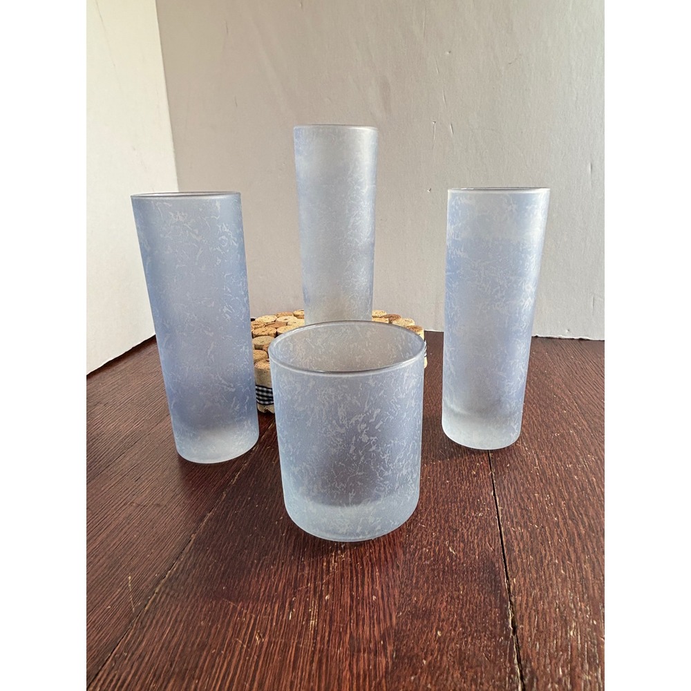 Vintage Frosted Blue Textured Crackle Glasses Set 4 Heavy Tumbler Highball Rocks
